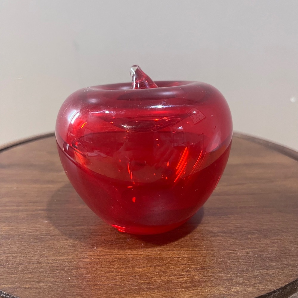 Vtg Blenko Ruby Red Glass Apple Paperweight Hand Blown Art Glass 3.5"